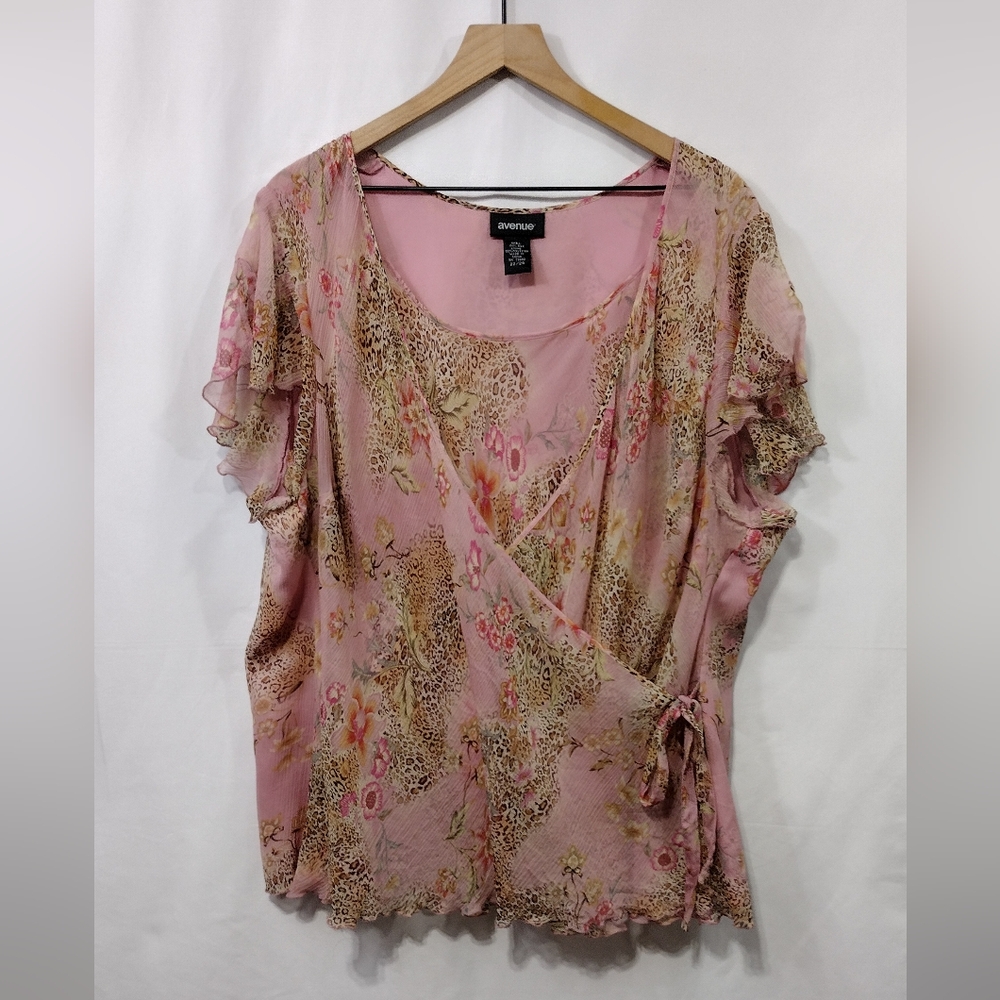Avenue Silk Animal Print Floral Faux Wrap Top Womens 22/24 Pink Barbiecore Retro